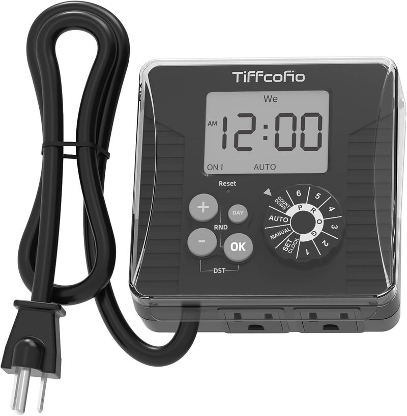 Tiffcofio مؤقت خارجي رقمي جديد مقاوم للماء، طريقة برمجة قرص، مؤقت ضوء خارجي مع سلك تمديد بطول 2 قدم، 2 مخرج كهربائي مؤرض للأضواء، 6 مجموعات من البرامج، 15A/1875W - Image 1